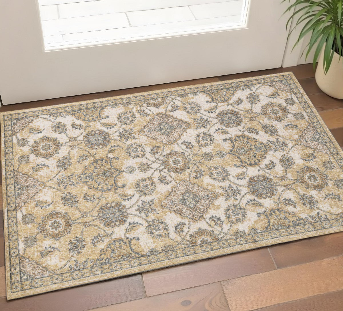 2' X 3' Ivory Beige And Gray Wool Floral Medallion Area Rug-Area Rugs-DECOROLALA