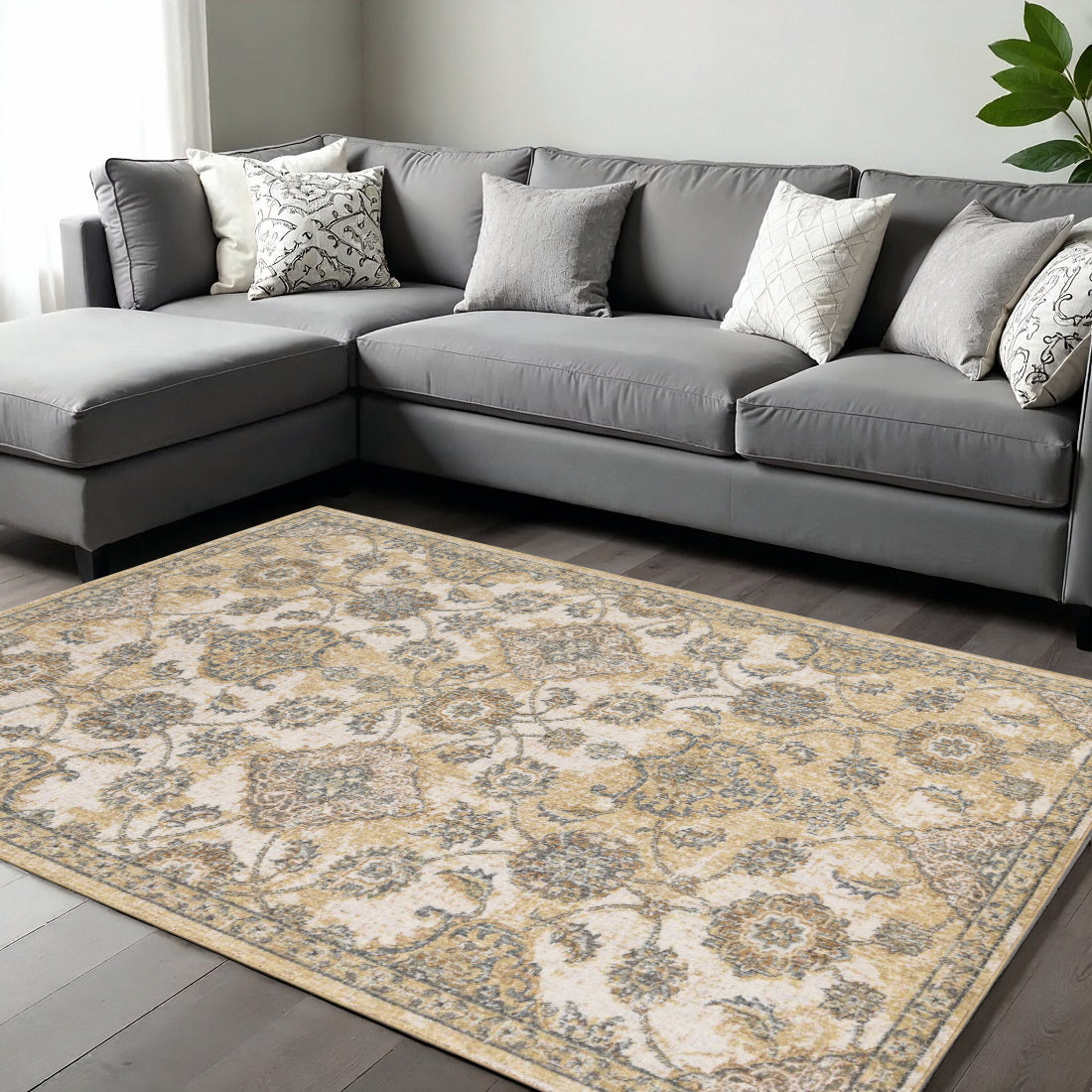 2' X 3' Ivory Beige And Gray Wool Floral Medallion Area Rug-Area Rugs-DECOROLALA