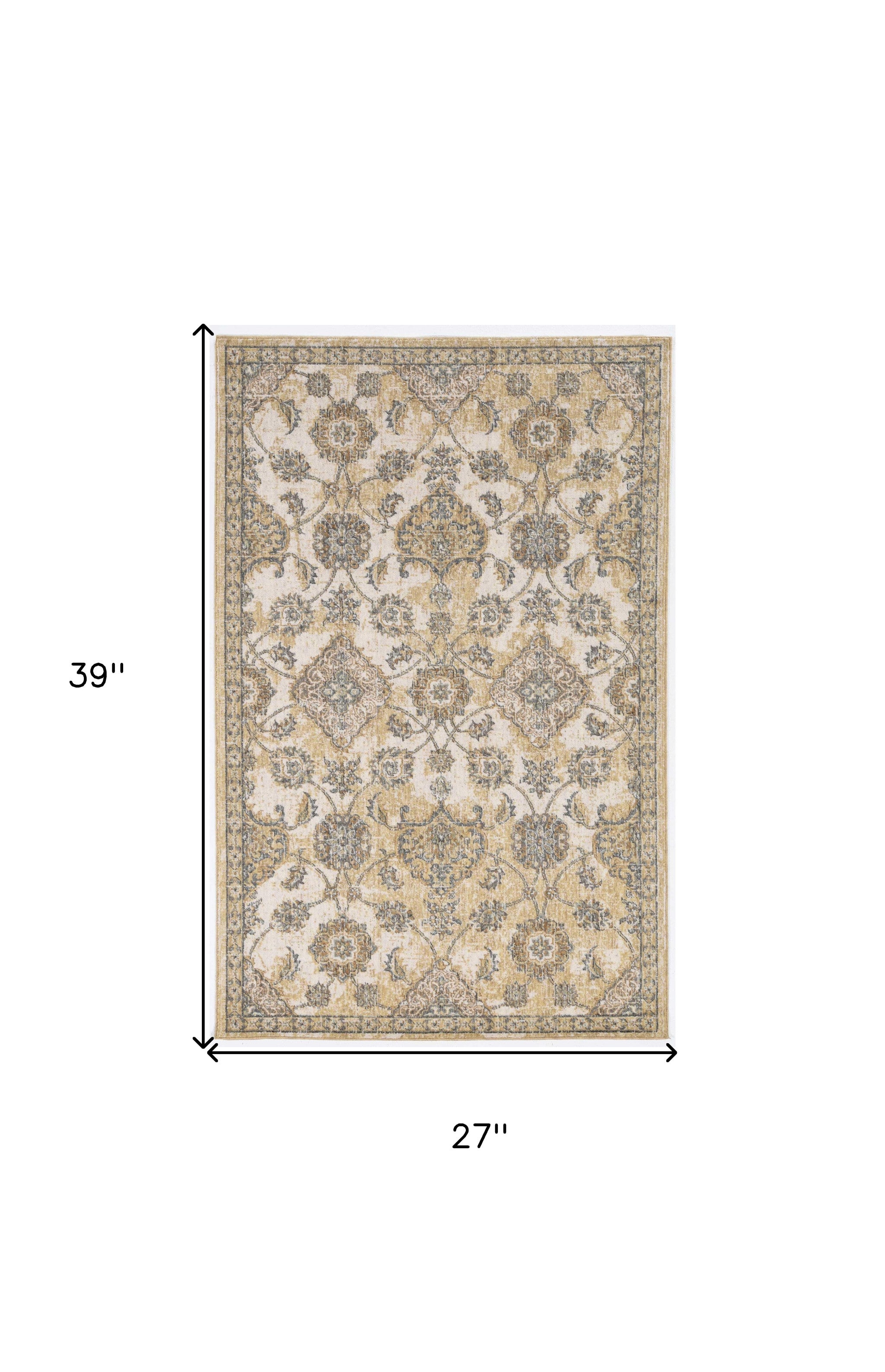 2' X 3' Ivory Beige And Gray Wool Floral Medallion Area Rug-Area Rugs-DECOROLALA