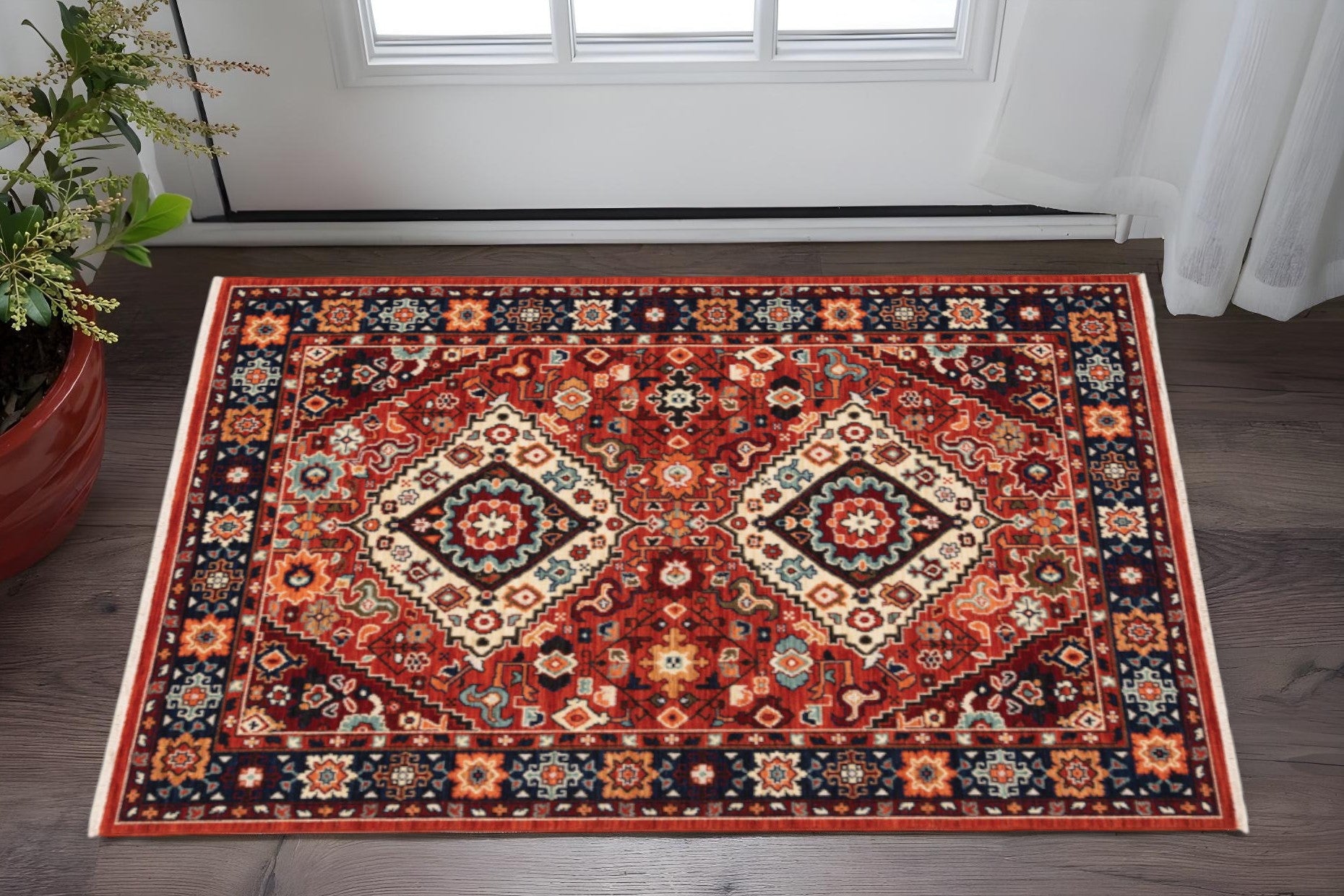 2' X 3' Red Blue Machine Woven Oriental Indoor Area Rug-Area Rugs-DECOROLALA