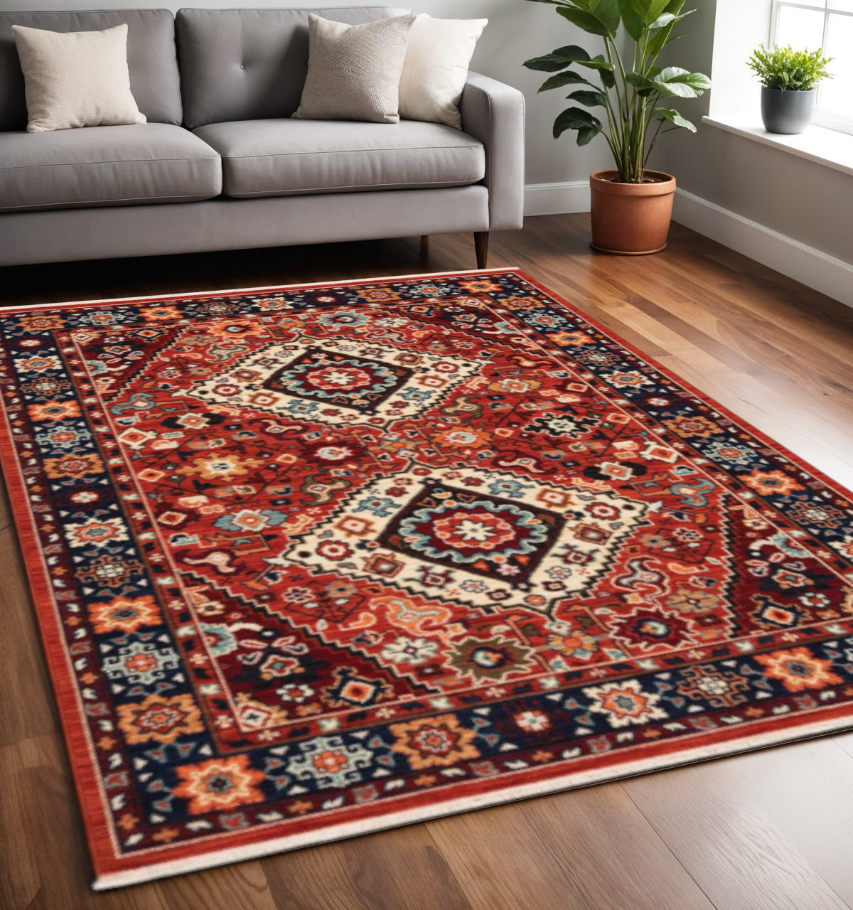 2' X 3' Red Blue Machine Woven Oriental Indoor Area Rug-Area Rugs-DECOROLALA