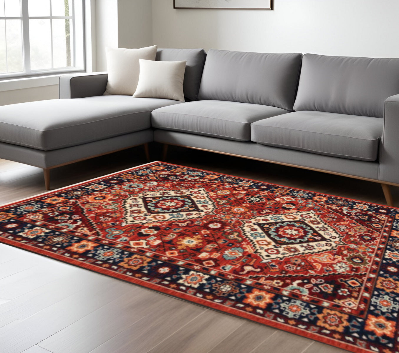 2' X 3' Red Blue Machine Woven Oriental Indoor Area Rug-Area Rugs-DECOROLALA