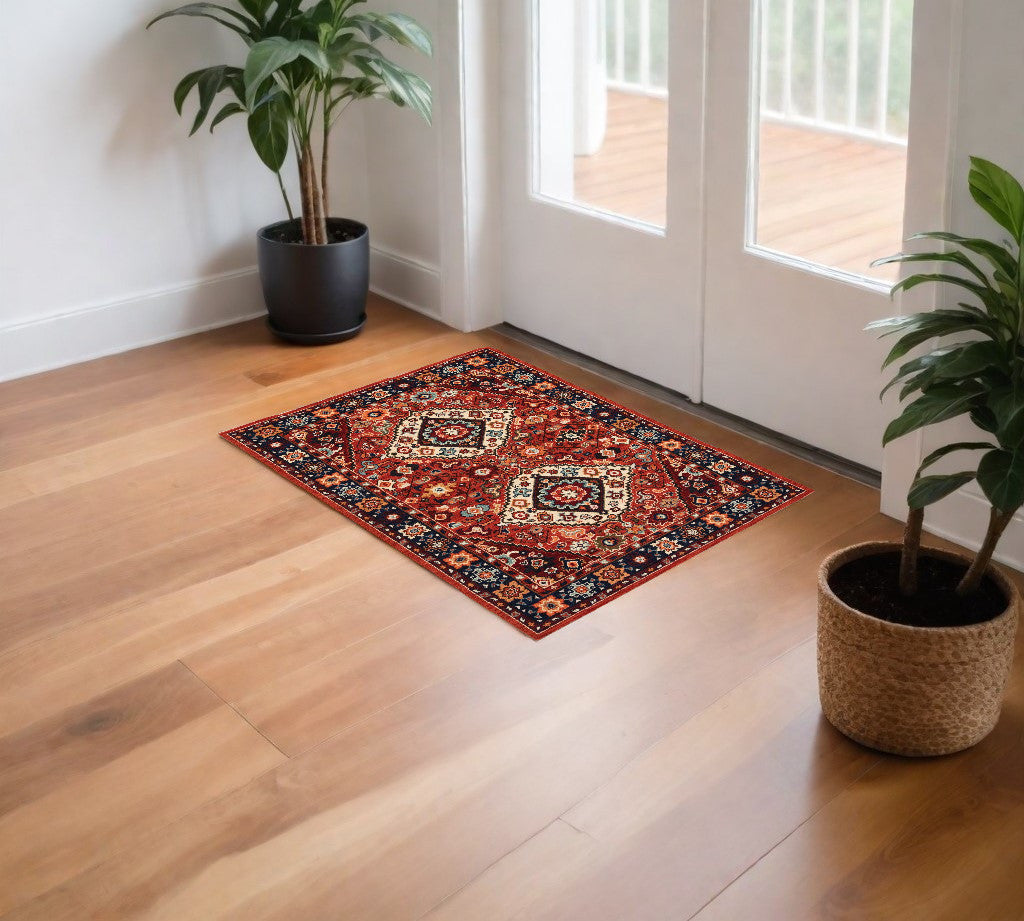 2' X 3' Red Blue Machine Woven Oriental Indoor Area Rug-Area Rugs-DECOROLALA