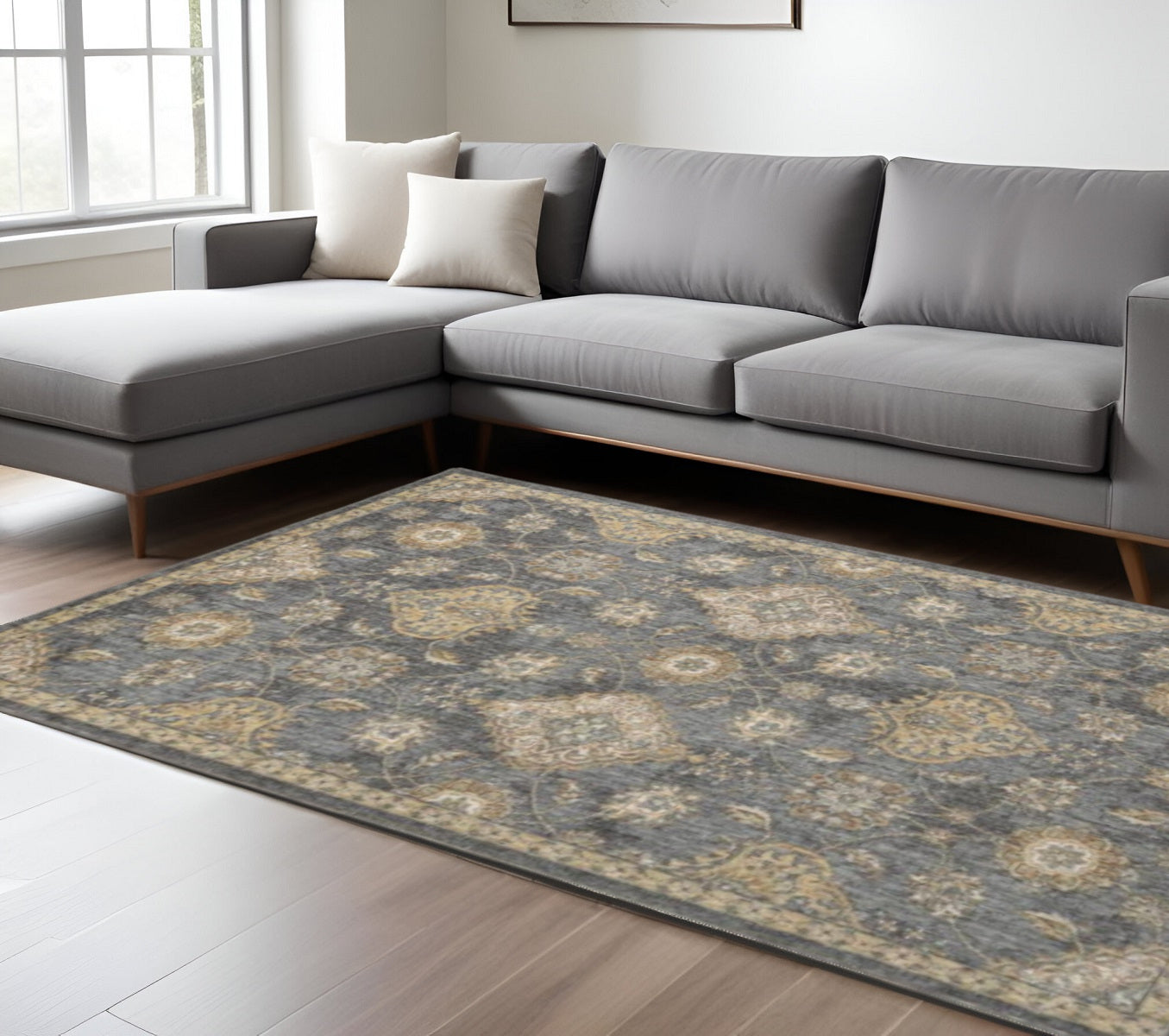 2' X 3' Sage And Slate Gray Wool Floral Medallion Area Rug-Area Rugs-DECOROLALA