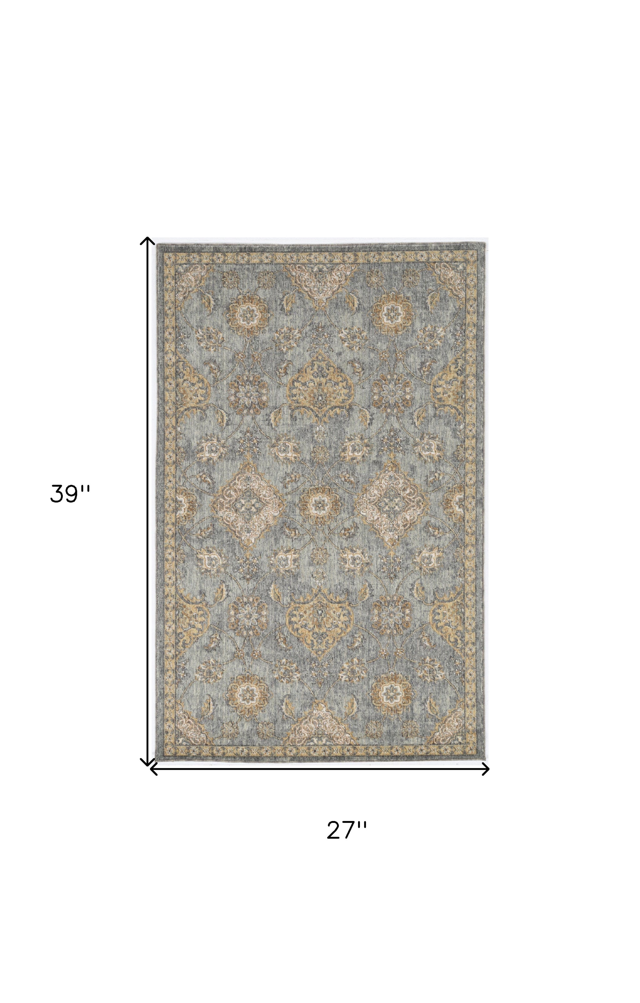 2' X 3' Sage Orange And Gray Wool Floral Distressed Area Rug-Area Rugs-DECOROLALA