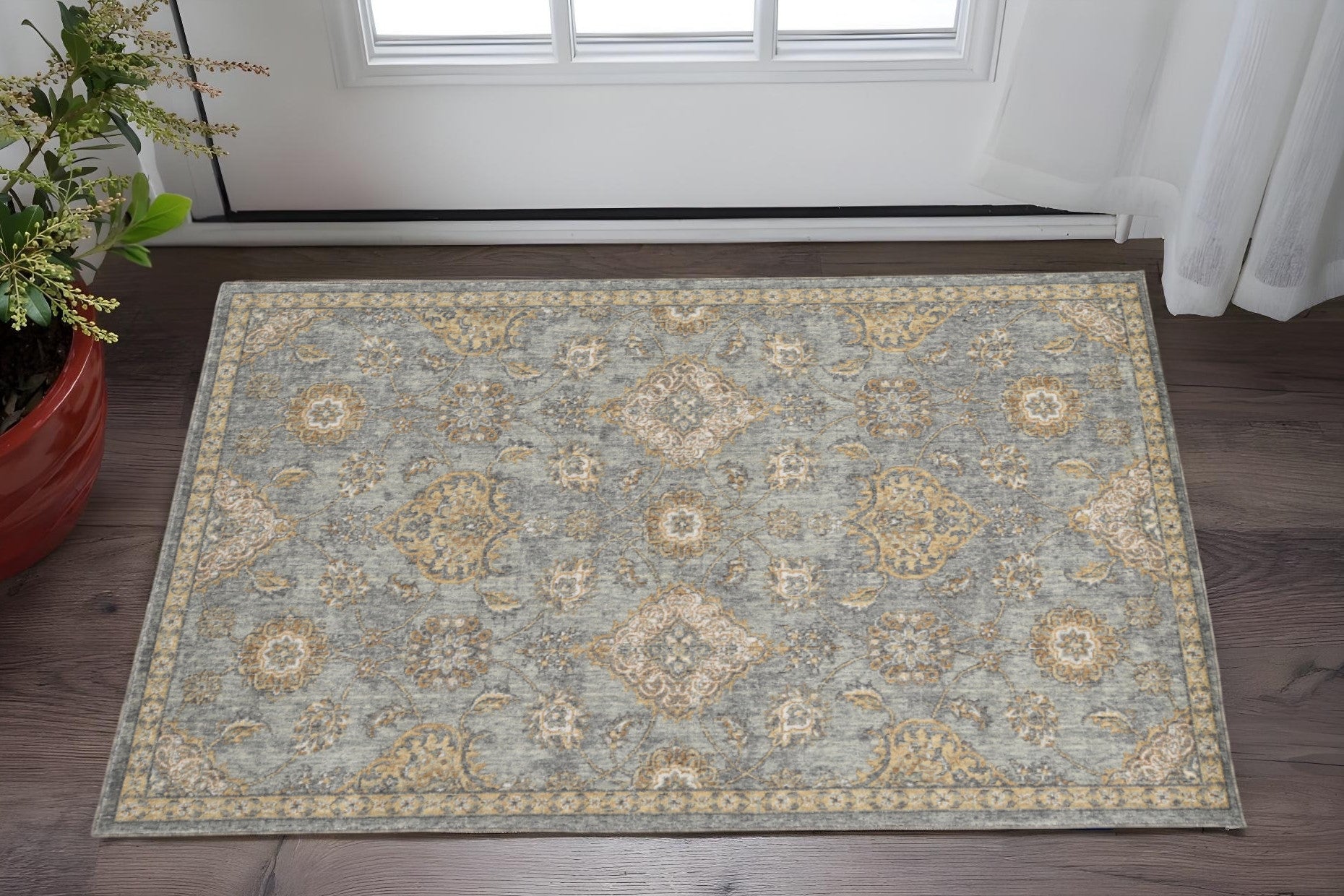 2' X 3' Sage Orange And Gray Wool Floral Distressed Area Rug-Area Rugs-DECOROLALA
