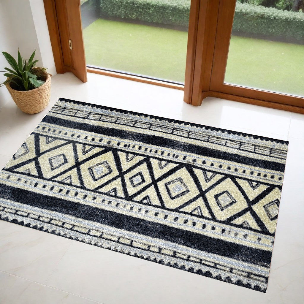 2' X 4' Black and Gray Modern Tribal Washable Floor Mat-Area Rugs-DECOROLALA