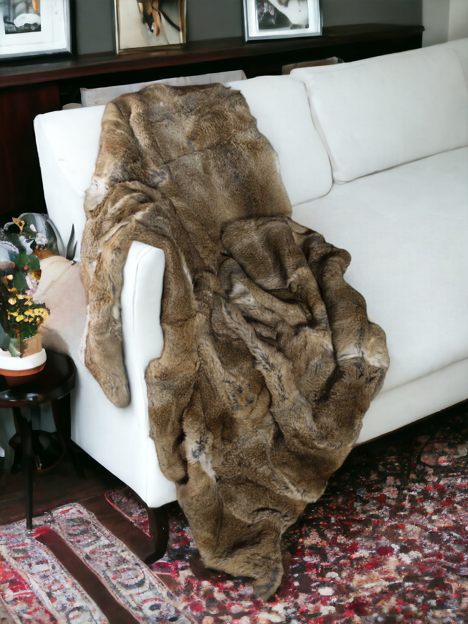 2" X 50" X 60" 100 Natural Rabbit Fur Hazelnut Throw Blanket-Throws & Blankets-DECOROLALA