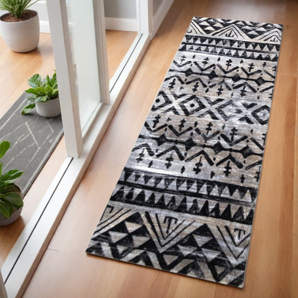 2' X 6' Black and Gray Aztec Washable Runner Rug-Area Rugs-DECOROLALA