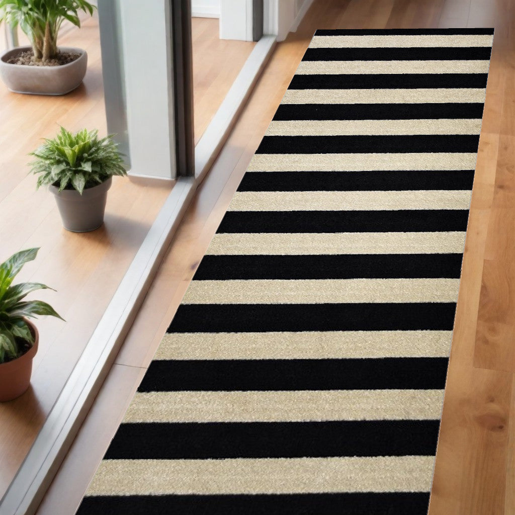 2' X 6' Black and Tan Wide Stripe Washable Runner Rug-Area Rugs-DECOROLALA