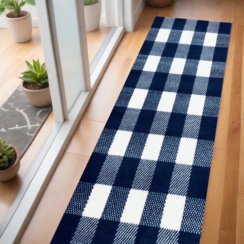 2' X 6' Navy and White Buffalo Plaid Washable Runner Rug-Area Rugs-DECOROLALA