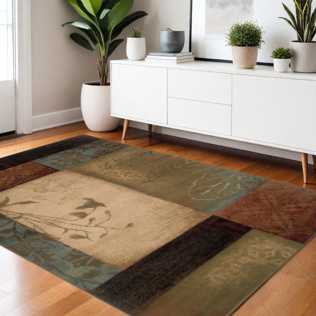 2' X 8' Beige And Brown Floral Block Pattern Runner Rug-Area Rugs-DECOROLALA