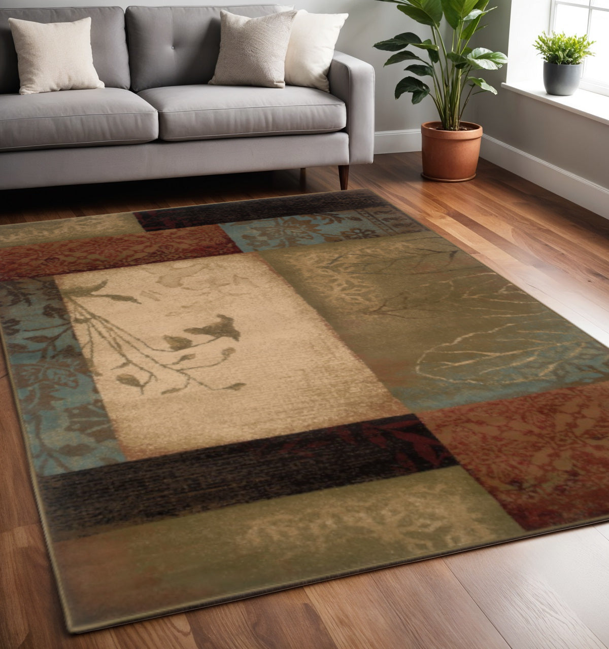 2' X 8' Beige And Brown Floral Block Pattern Runner Rug-Area Rugs-DECOROLALA