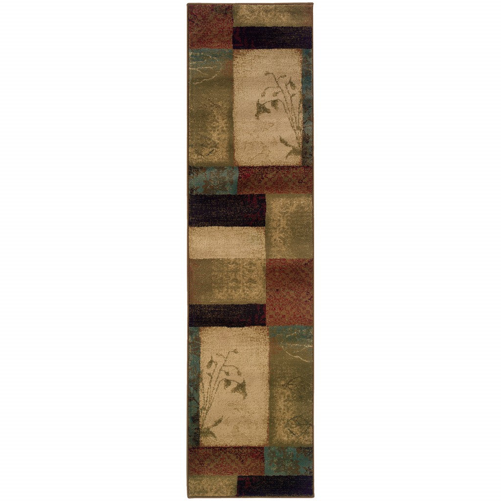 2' X 8' Beige And Brown Floral Block Pattern Runner Rug-Area Rugs-DECOROLALA