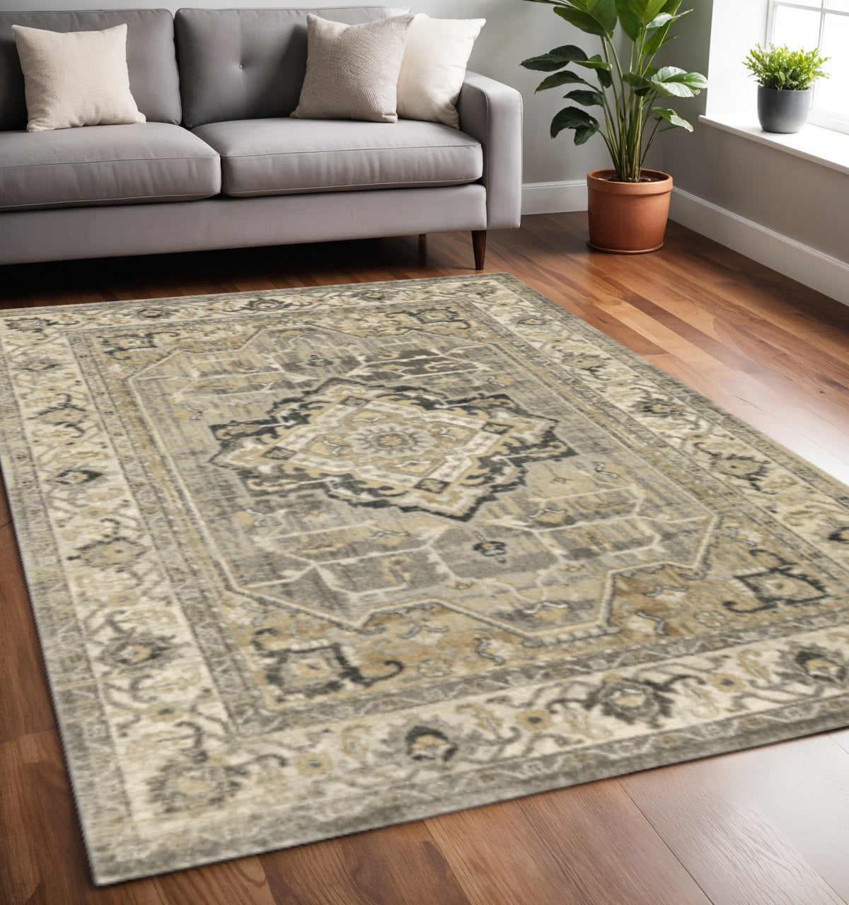 2' X 8' Beige And Gray Traditional Medallion Indoor Runner Rug-Area Rugs-DECOROLALA