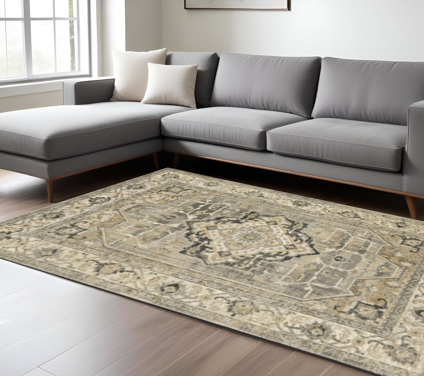 2' X 8' Beige And Gray Traditional Medallion Indoor Runner Rug-Area Rugs-DECOROLALA