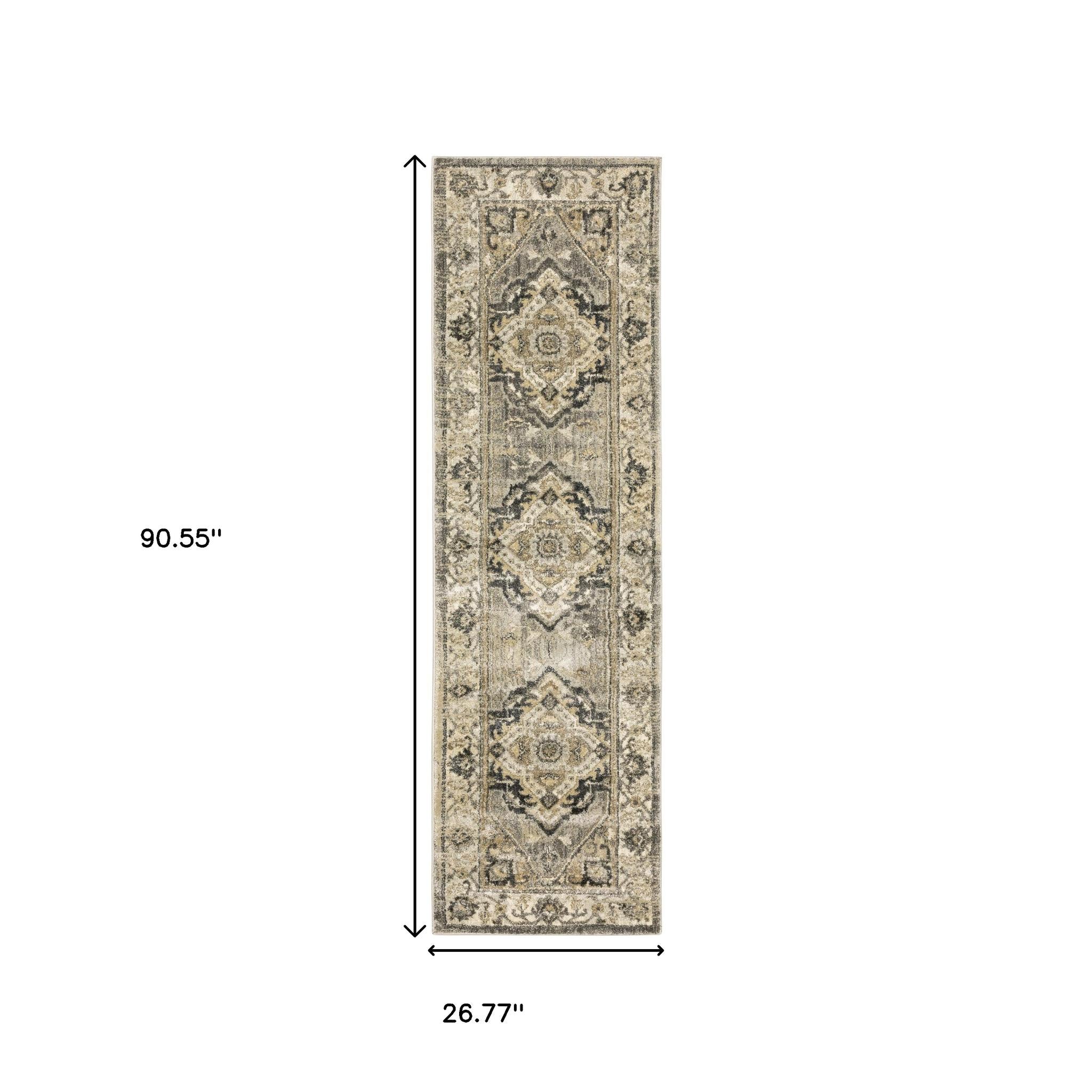 2' X 8' Beige And Gray Traditional Medallion Indoor Runner Rug-Area Rugs-DECOROLALA