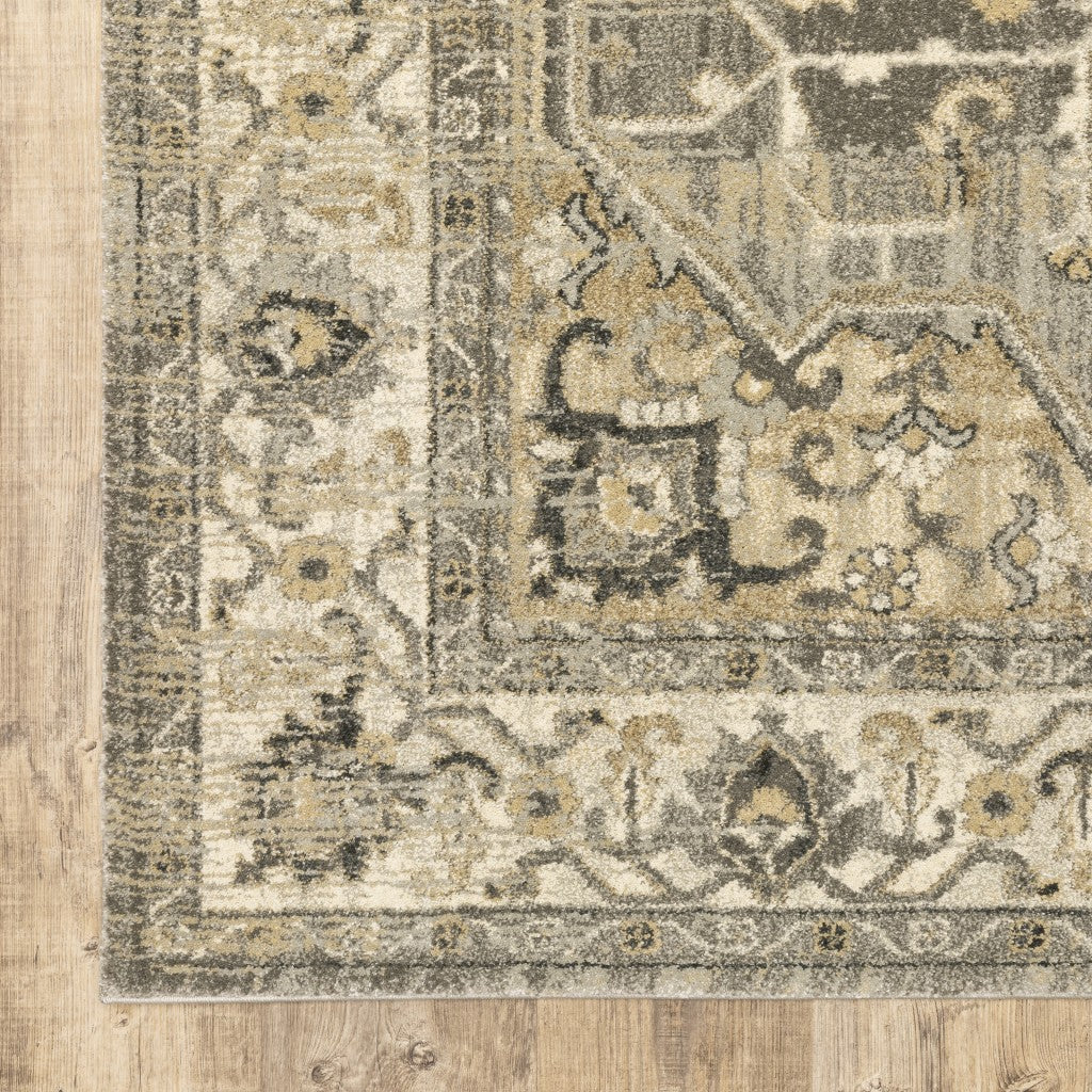 2' X 8' Beige And Gray Traditional Medallion Indoor Runner Rug-Area Rugs-DECOROLALA