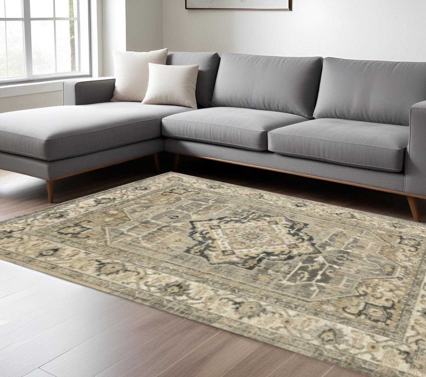 2' X 8' Beige And Gray Traditional Medallion Indoor Runner Rug-Area Rugs-DECOROLALA