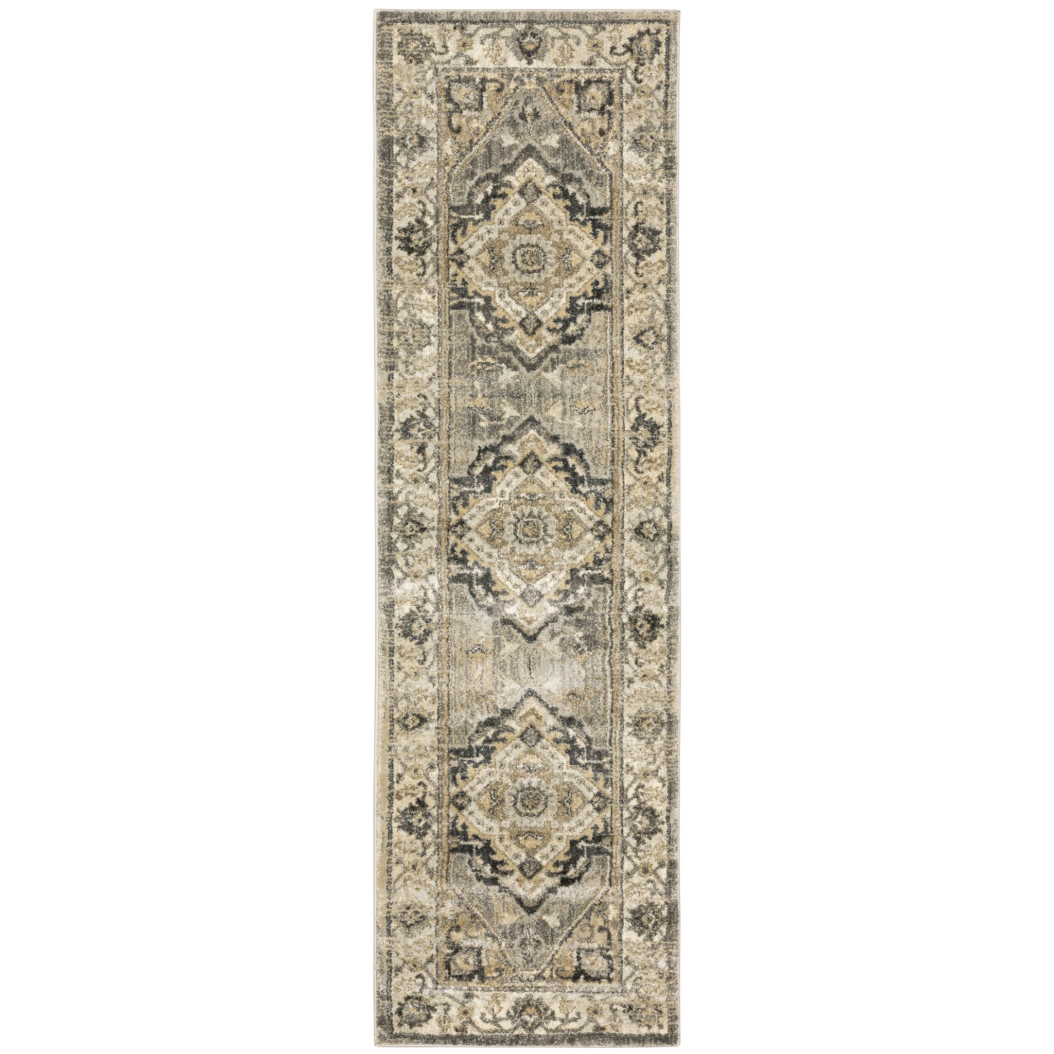 2' X 8' Beige And Gray Traditional Medallion Indoor Runner Rug-Area Rugs-DECOROLALA