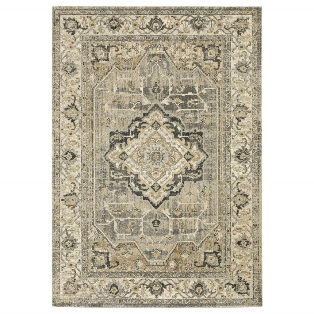 2' X 8' Beige And Gray Traditional Medallion Indoor Runner Rug-Area Rugs-DECOROLALA