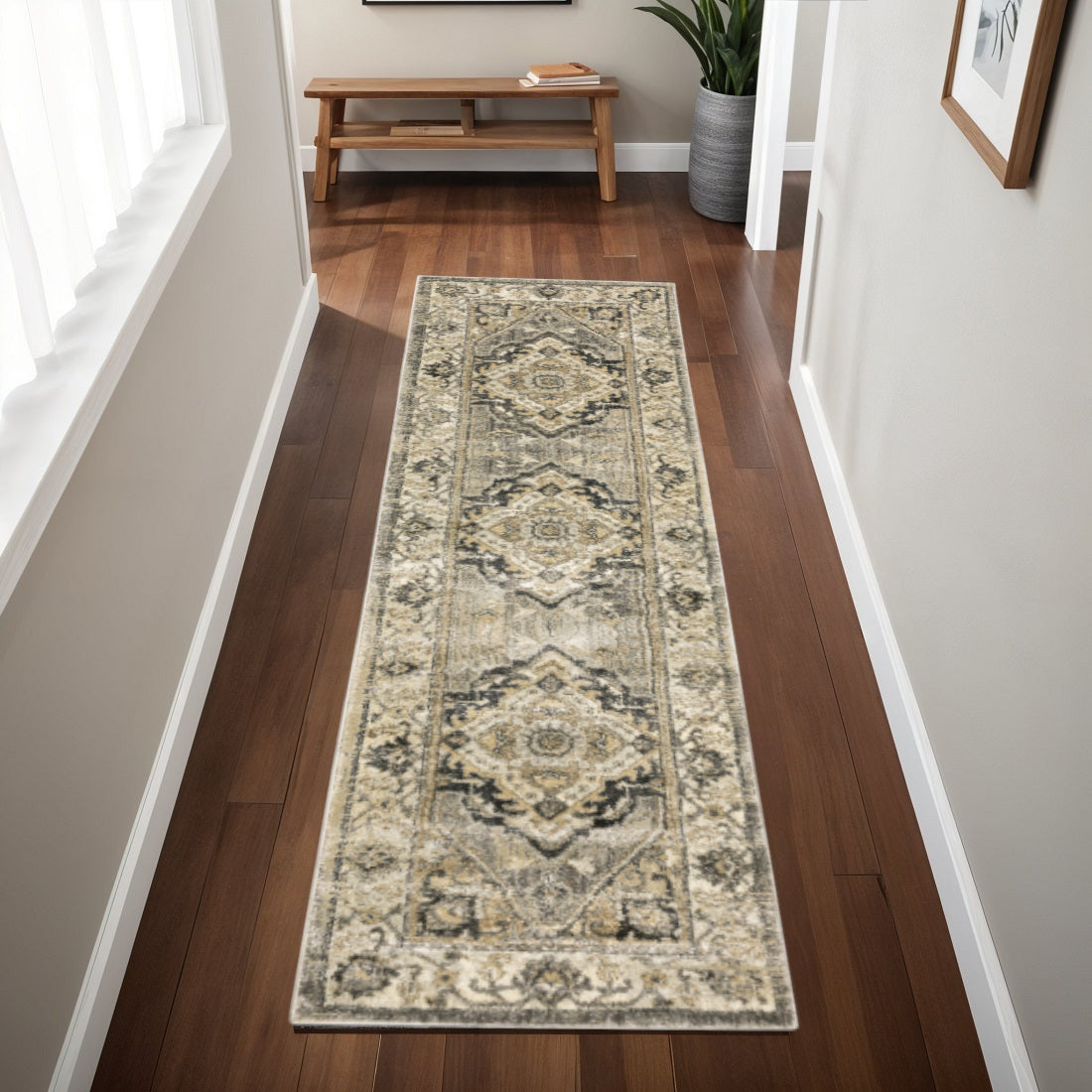 2' X 8' Beige And Gray Traditional Medallion Indoor Runner Rug-Area Rugs-DECOROLALA