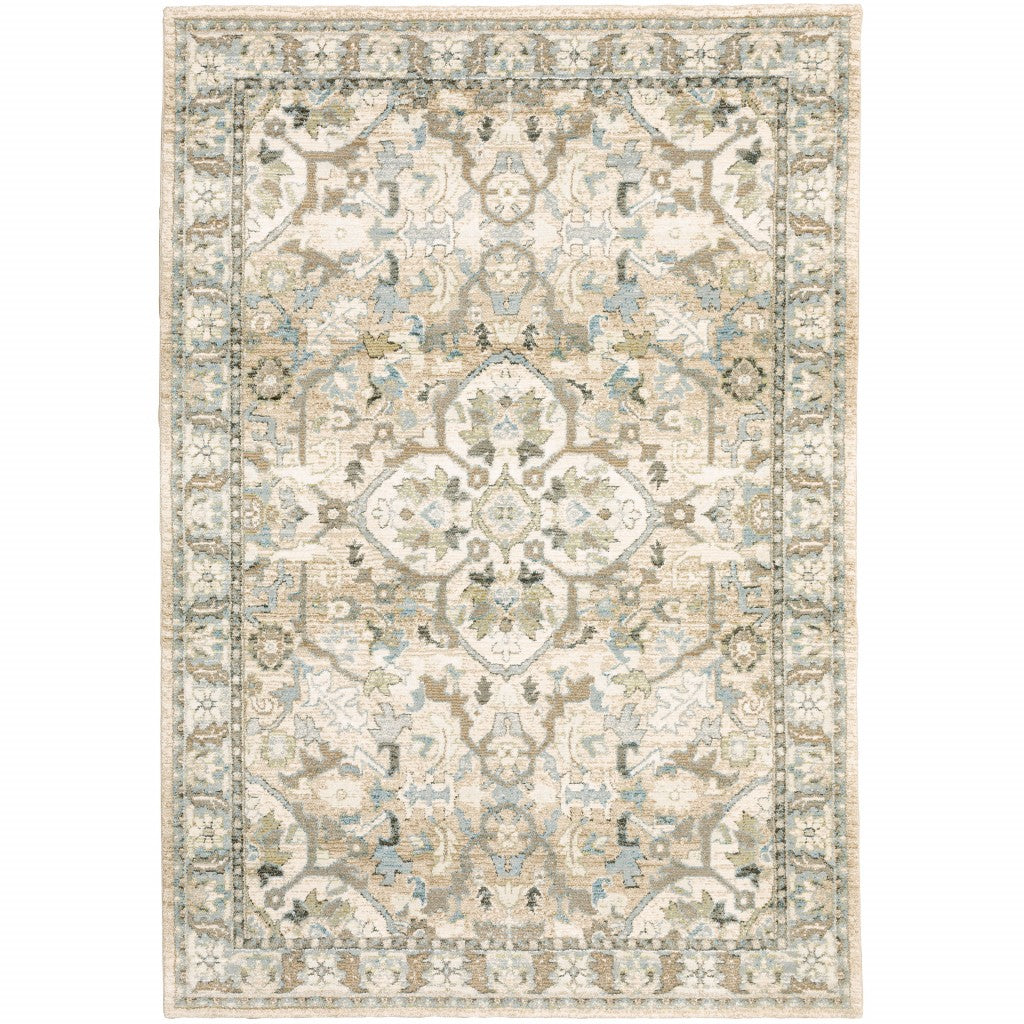 2' X 8' Beige And Ivory Medallion Runner Rug-Area Rugs-DECOROLALA