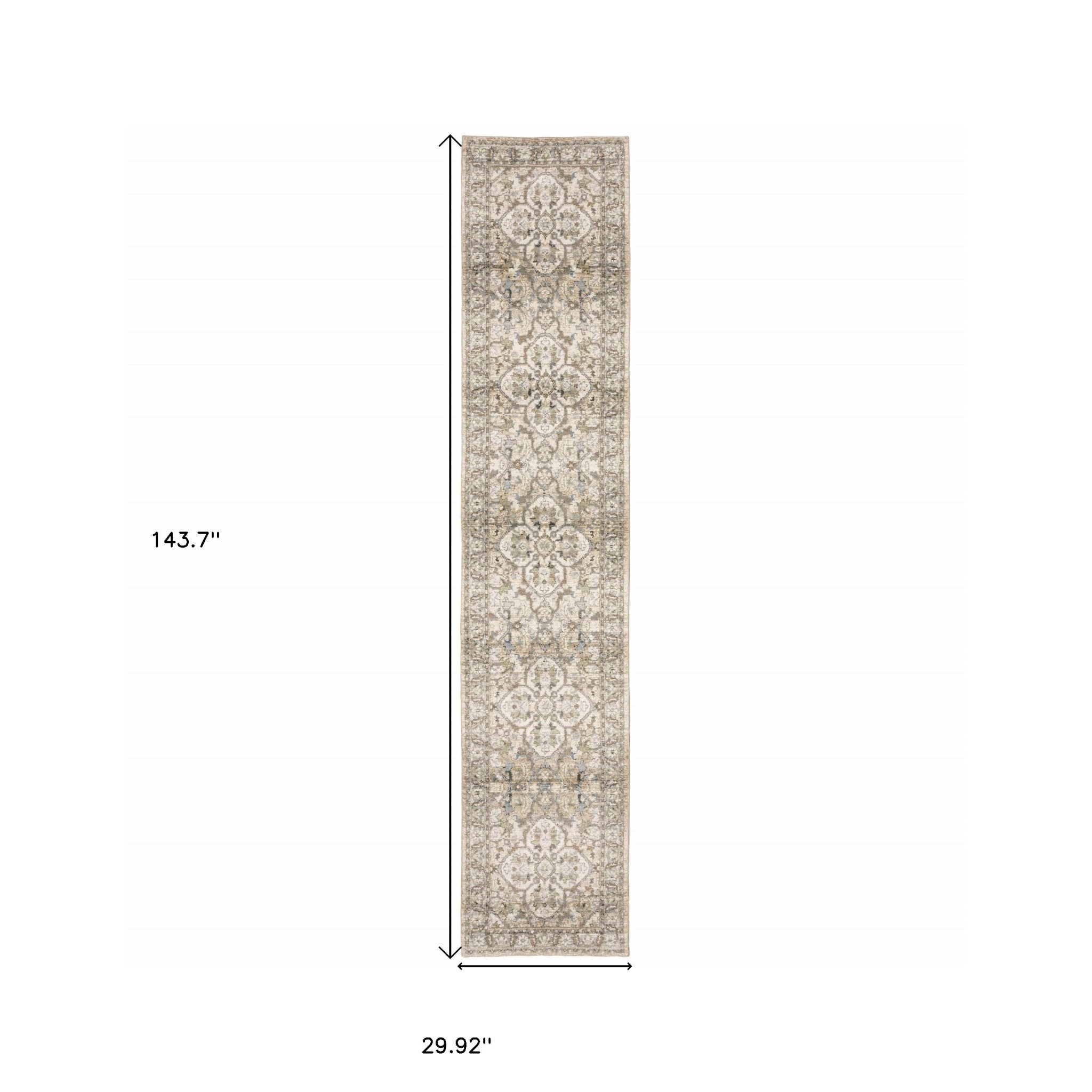 2' X 8' Beige And Ivory Medallion Runner Rug-Area Rugs-DECOROLALA
