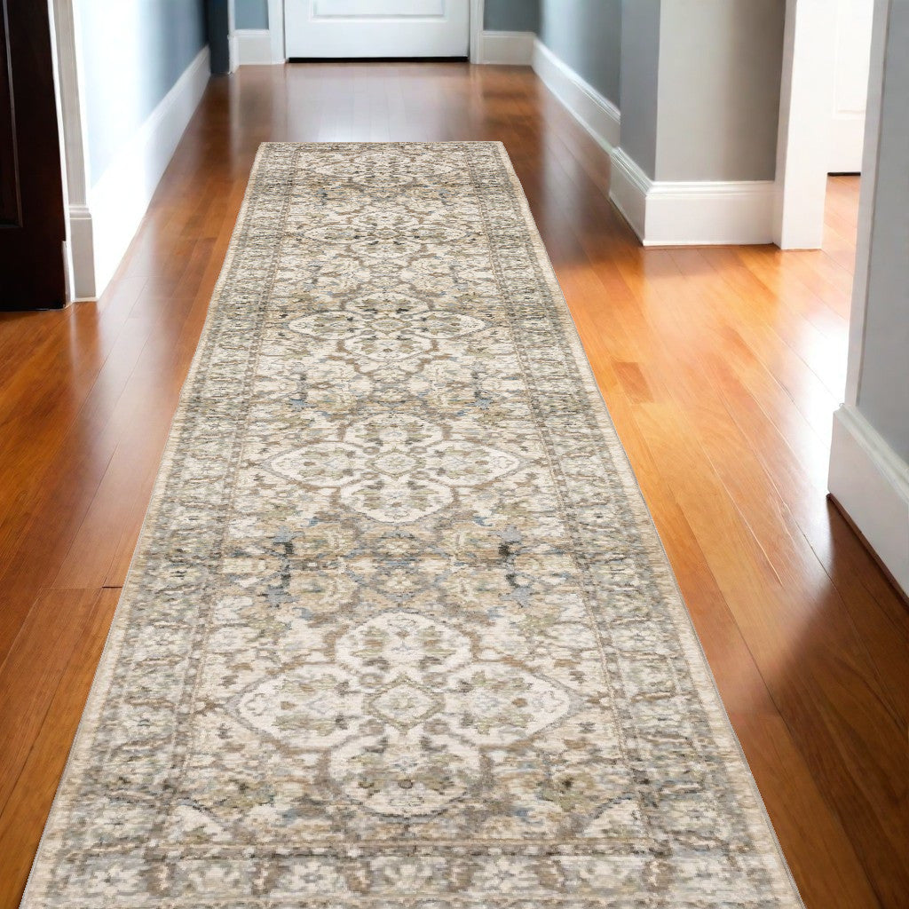 2' X 8' Beige And Ivory Medallion Runner Rug-Area Rugs-DECOROLALA