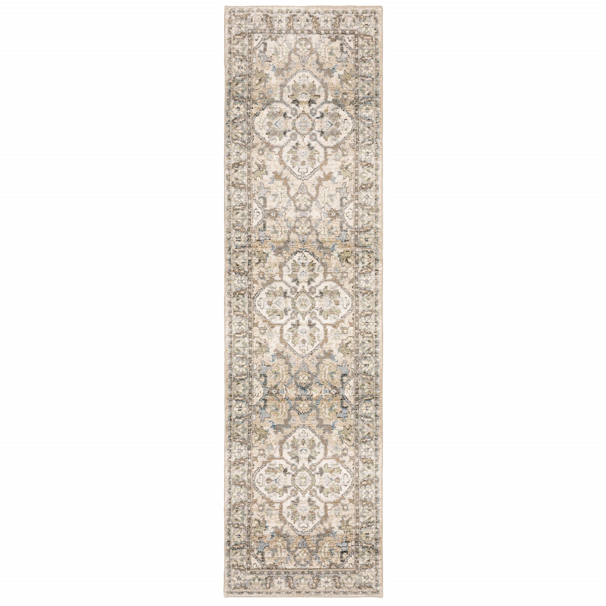 2' X 8' Beige And Ivory Medallion Runner Rug-Area Rugs-DECOROLALA