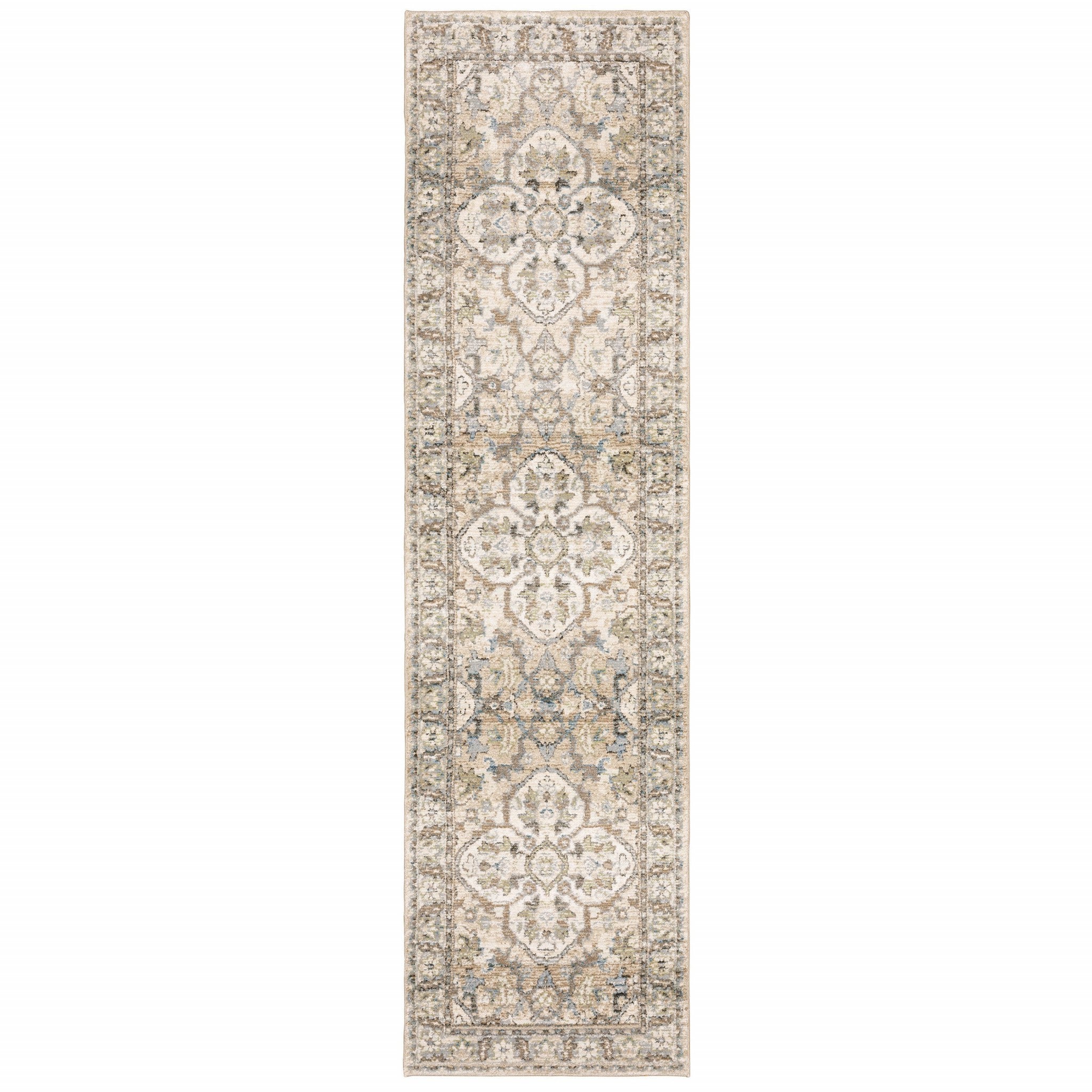 2' X 8' Beige And Ivory Medallion Runner Rug-Area Rugs-DECOROLALA