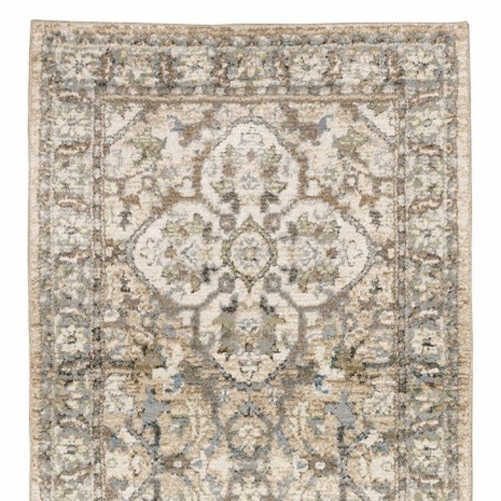 2' X 8' Beige And Ivory Medallion Runner Rug-Area Rugs-DECOROLALA
