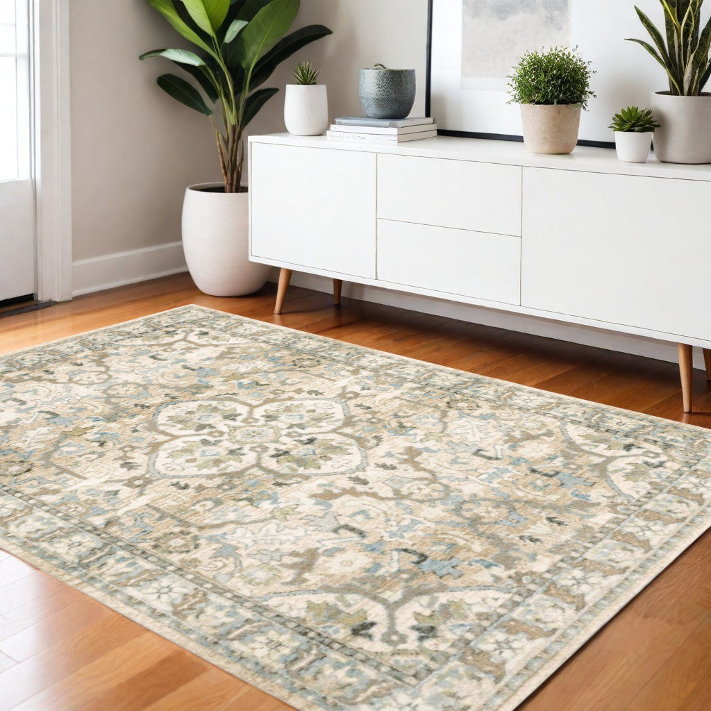 2' X 8' Beige And Ivory Medallion Runner Rug-Area Rugs-DECOROLALA