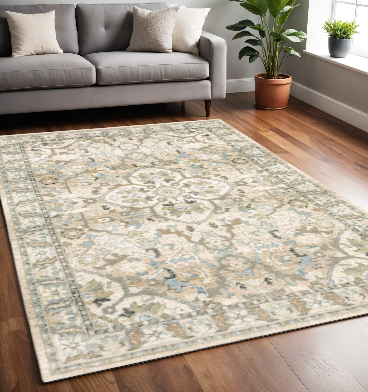 2' X 8' Beige And Ivory Medallion Runner Rug-Area Rugs-DECOROLALA