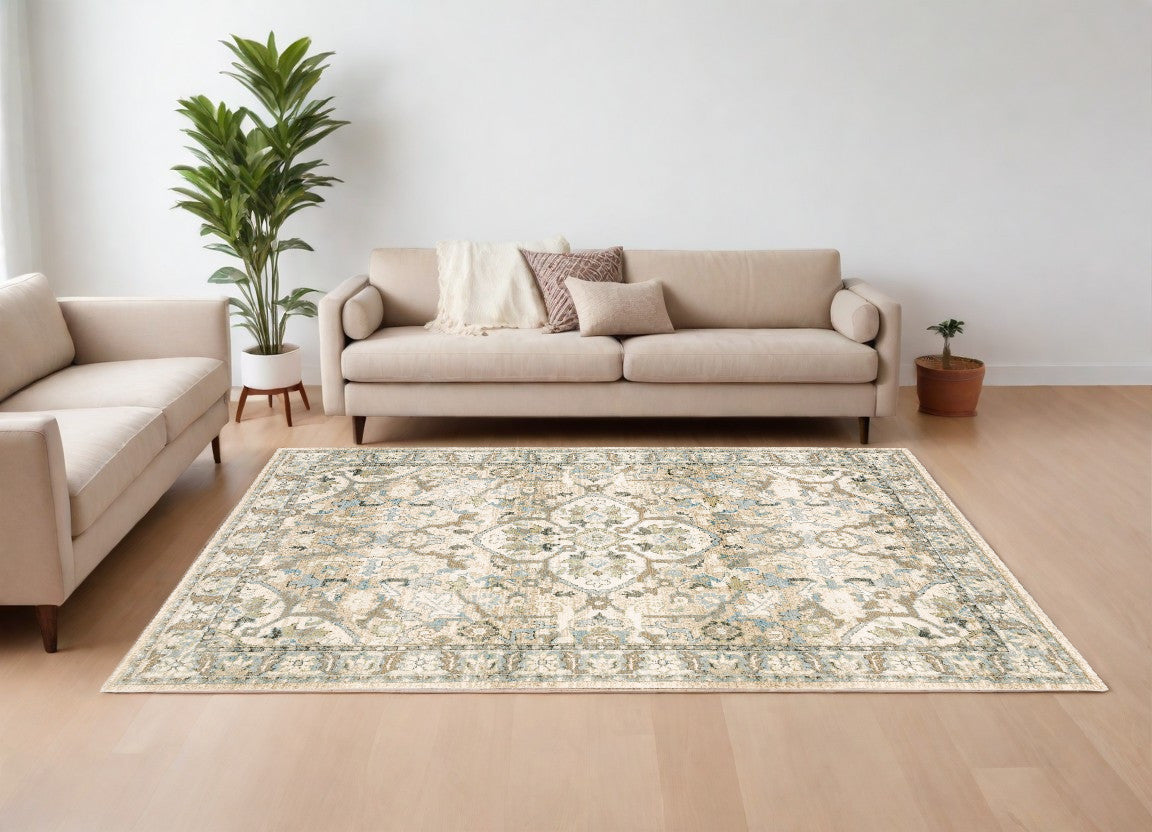 2' X 8' Beige And Ivory Medallion Runner Rug-Area Rugs-DECOROLALA