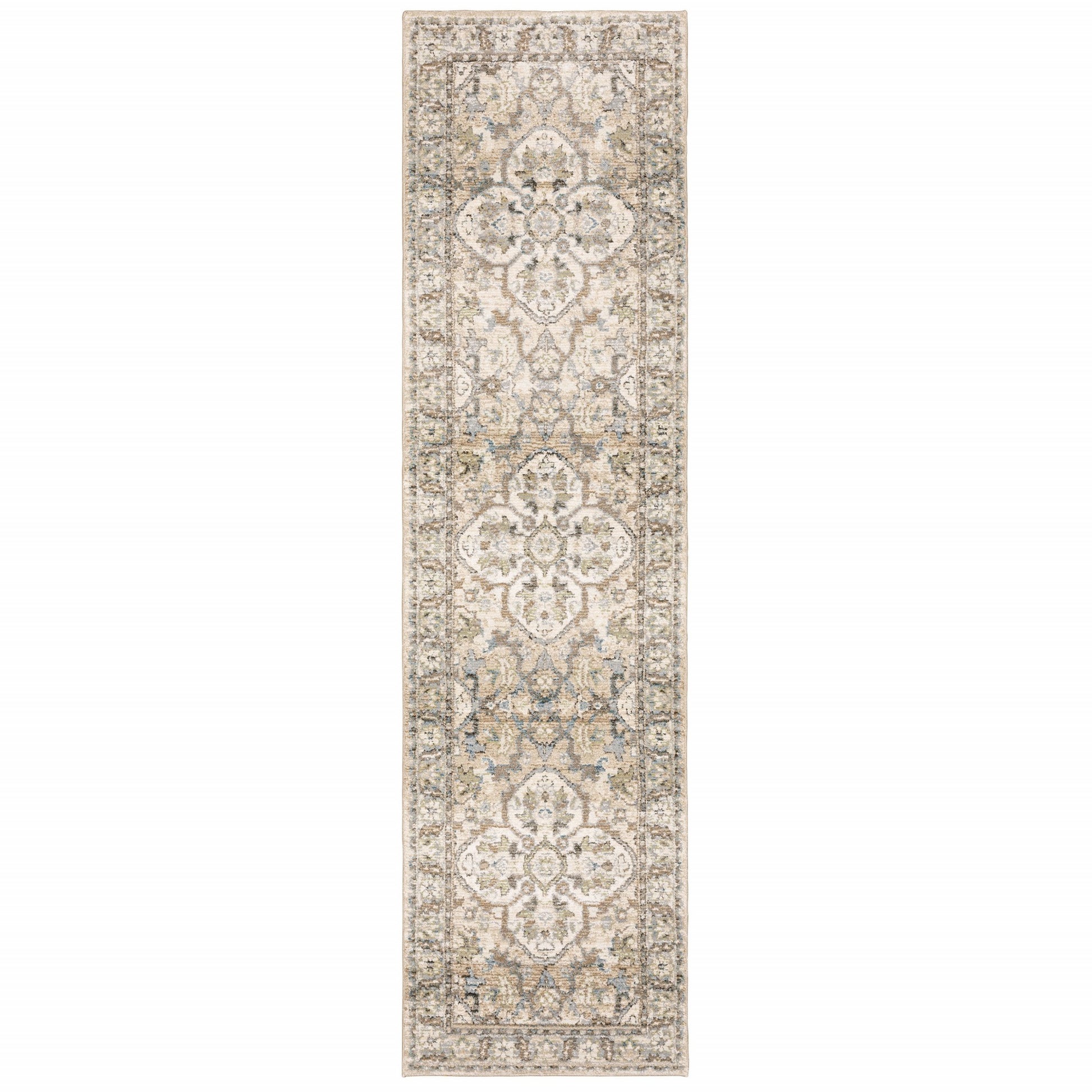 2' X 8' Beige And Ivory Medallion Runner Rug-Area Rugs-DECOROLALA
