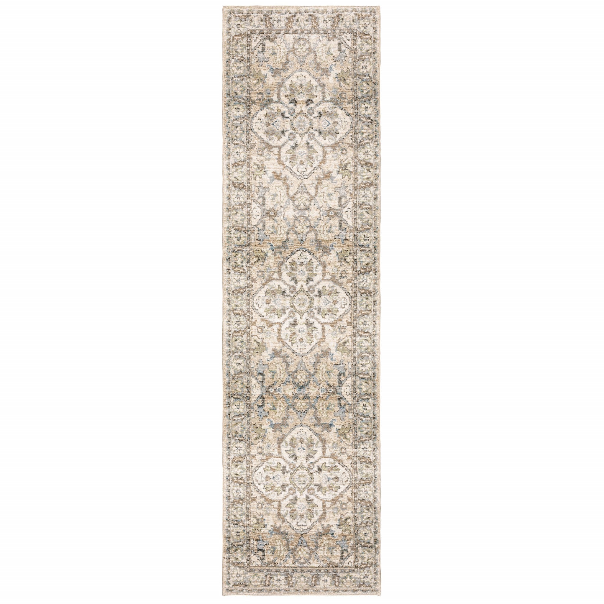 2' X 8' Beige And Ivory Medallion Runner Rug-Area Rugs-DECOROLALA