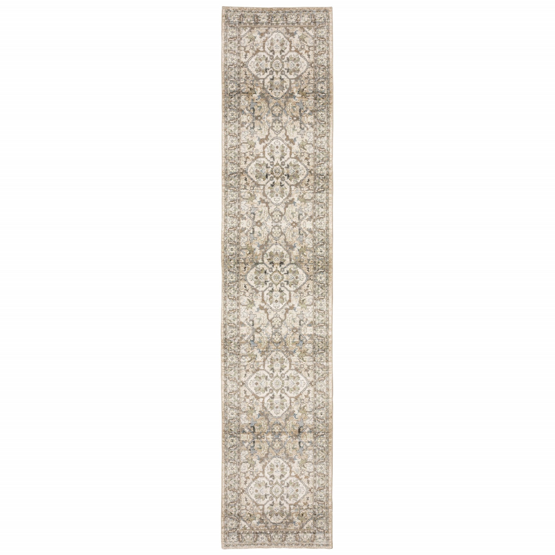 2' X 8' Beige And Ivory Medallion Runner Rug-Area Rugs-DECOROLALA