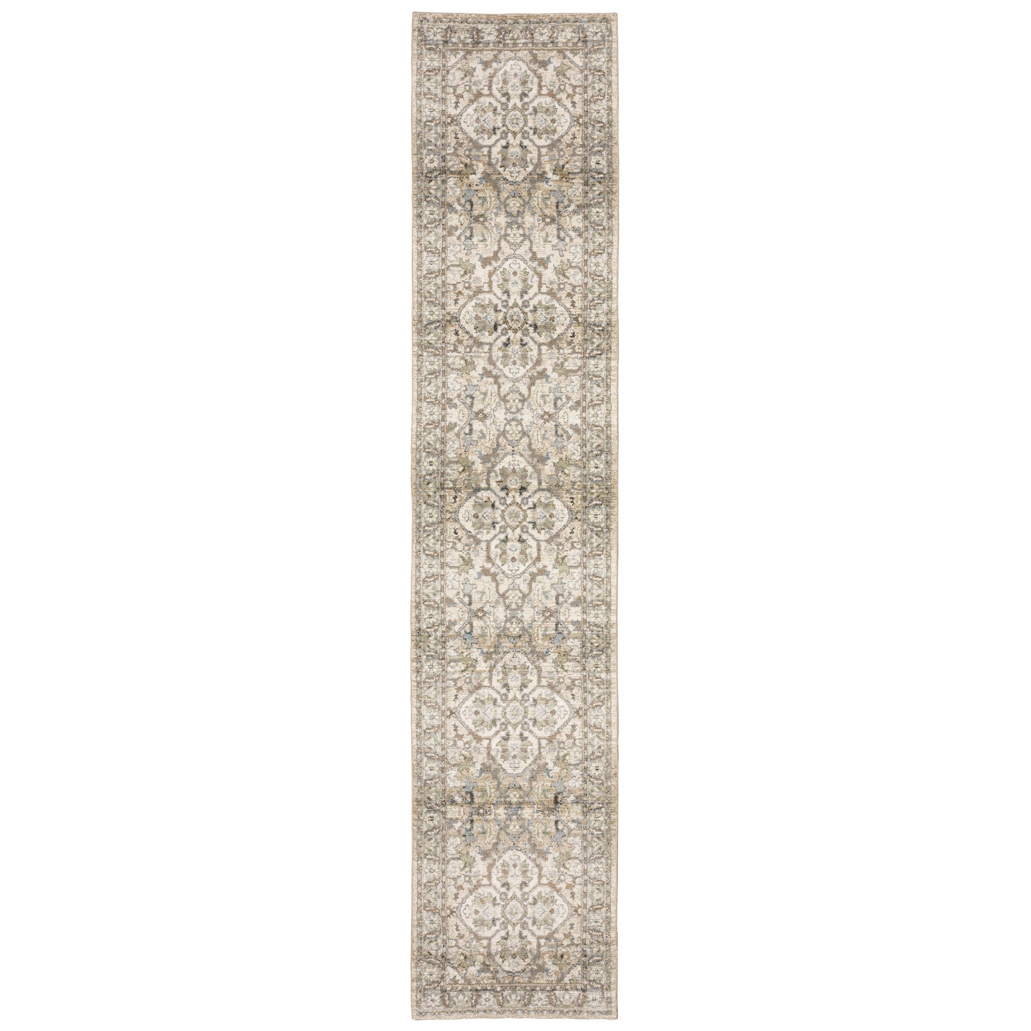2' X 8' Beige And Ivory Medallion Runner Rug-Area Rugs-DECOROLALA