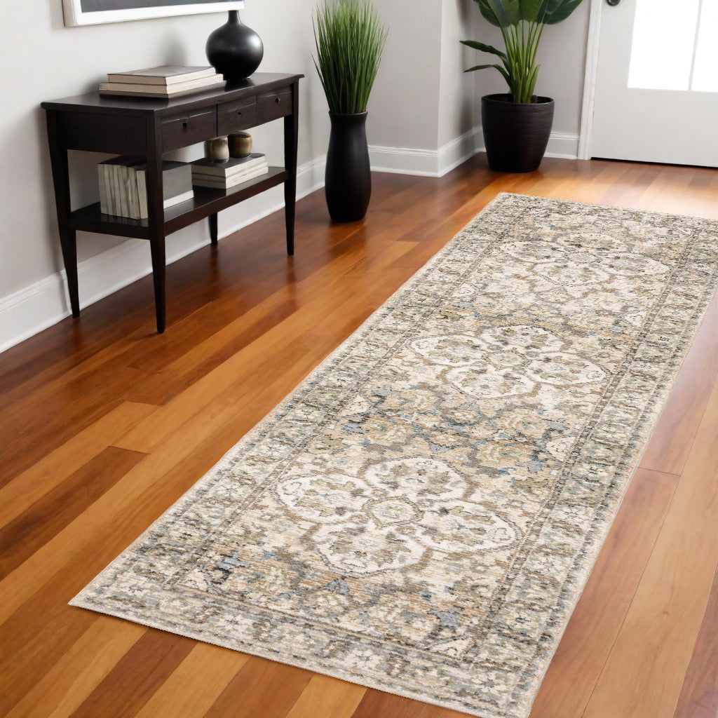 2' X 8' Beige And Ivory Medallion Runner Rug-Area Rugs-DECOROLALA