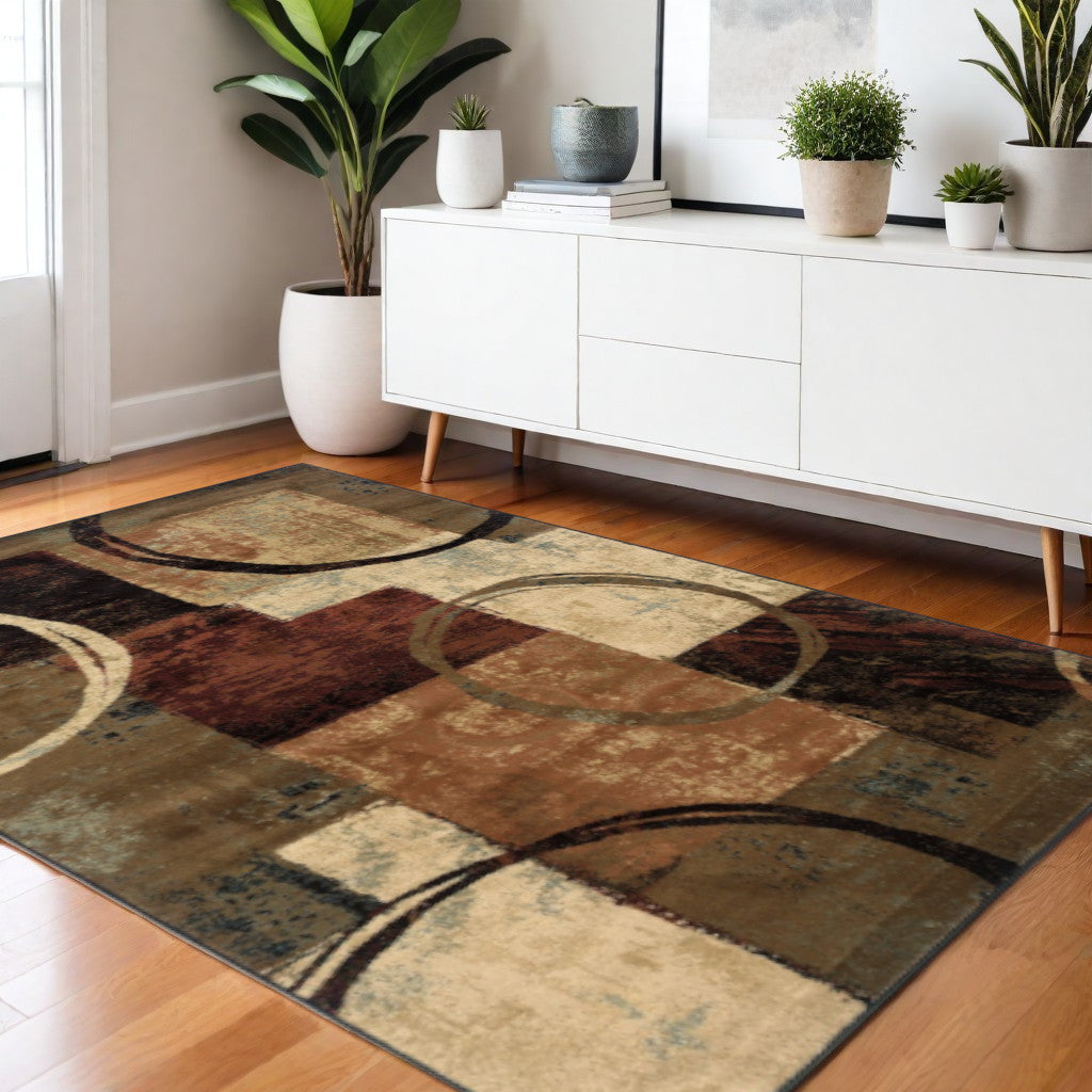 2' X 8' Brown And Black Abstract Geometric Runner Rug-Area Rugs-DECOROLALA