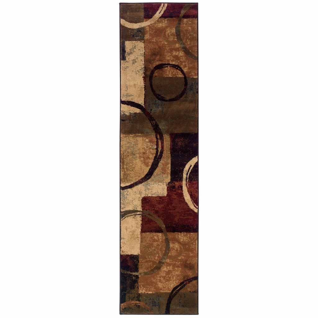 2' X 8' Brown And Black Abstract Geometric Runner Rug-Area Rugs-DECOROLALA