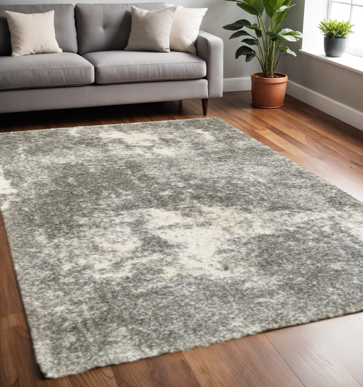 2' X 8' Gray And Ivory Distressed Abstract Runner Rug-Area Rugs-DECOROLALA