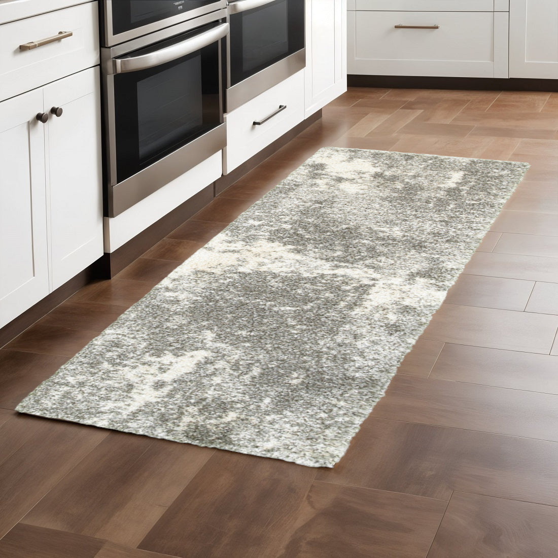 2' X 8' Gray And Ivory Distressed Abstract Runner Rug-Area Rugs-DECOROLALA