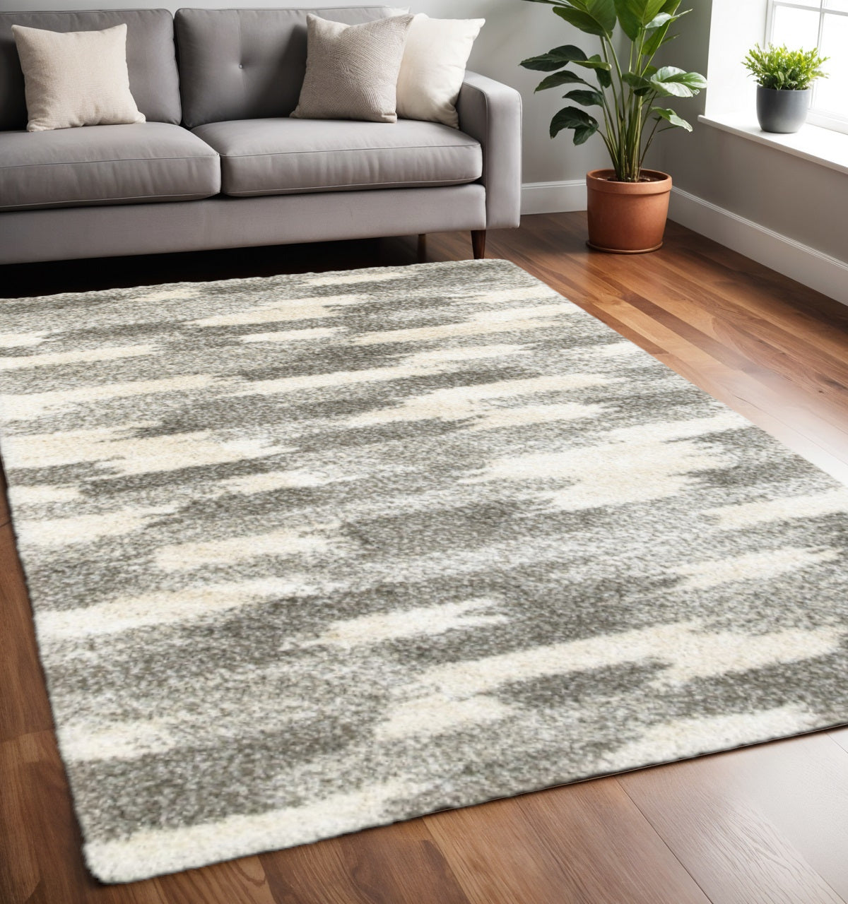 2' X 8' Gray And Ivory Geometric Pattern Runner Rug-Area Rugs-DECOROLALA