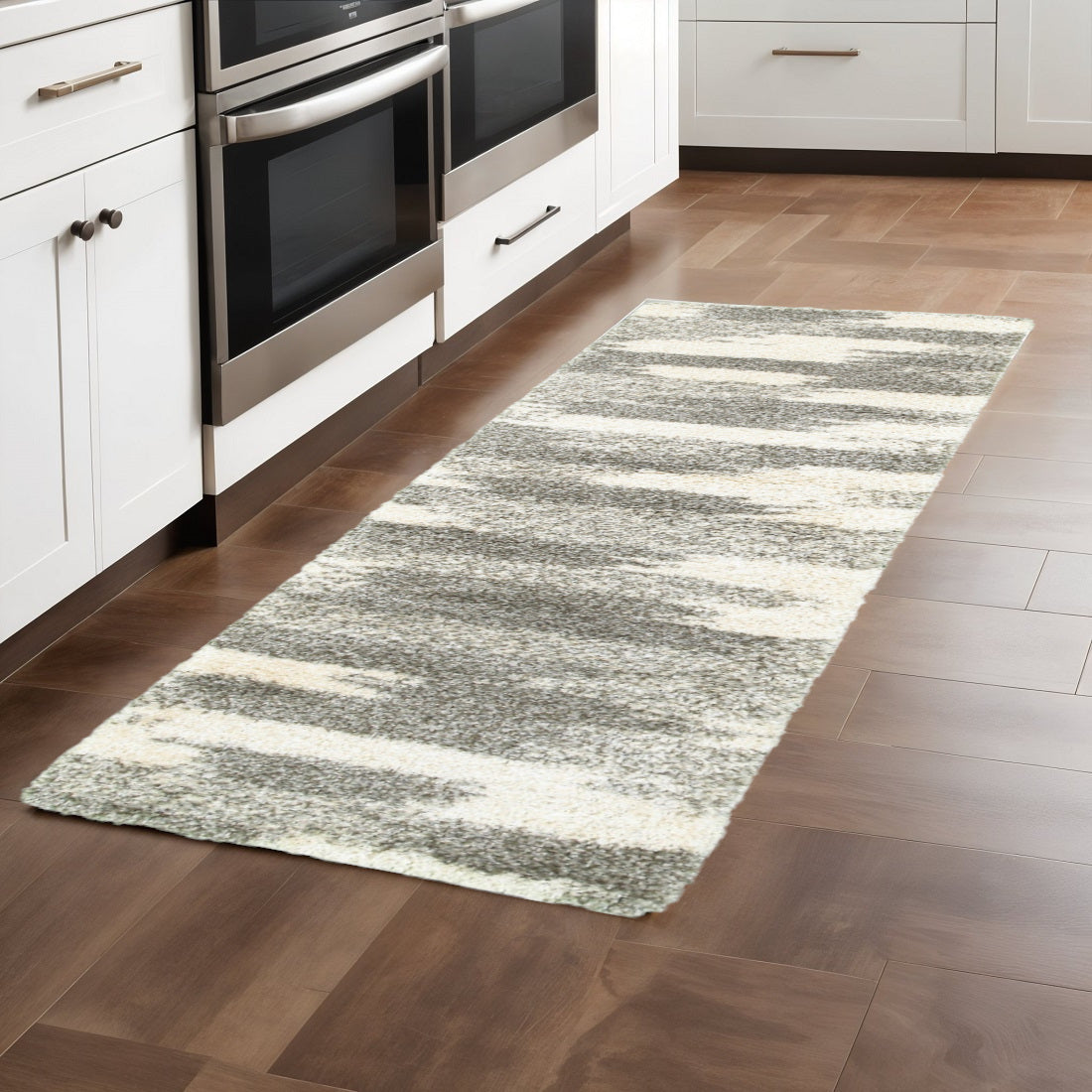 2' X 8' Gray And Ivory Geometric Pattern Runner Rug-Area Rugs-DECOROLALA