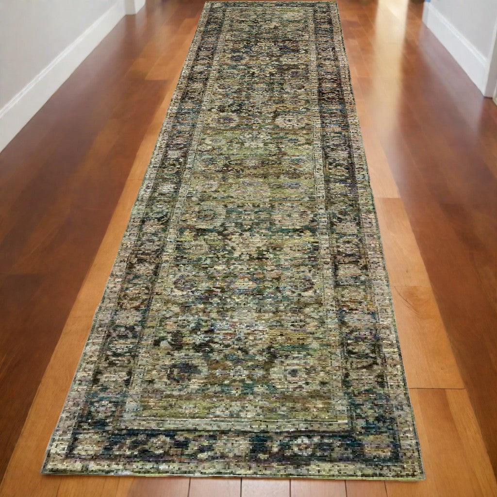 2' X 8' Green And Brown Floral Runner Rug-Area Rugs-DECOROLALA