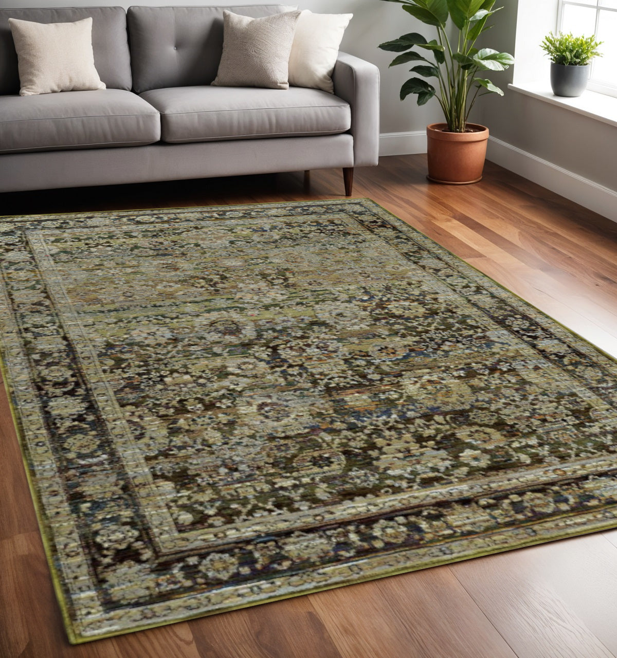2' X 8' Green And Brown Floral Runner Rug-Area Rugs-DECOROLALA