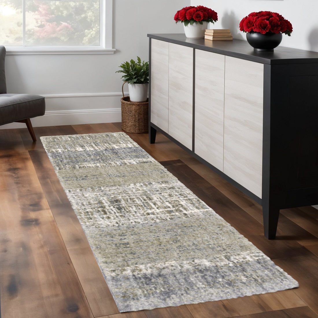 2' X 8' Grey And Ivory Abstract Lines Runner Rug-Area Rugs-DECOROLALA