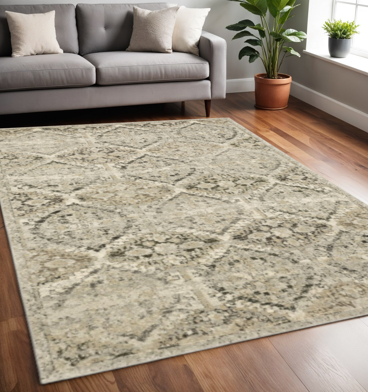 2' X 8' Ivory And Gray Floral Trellis Indoor Runner Rug-Area Rugs-DECOROLALA
